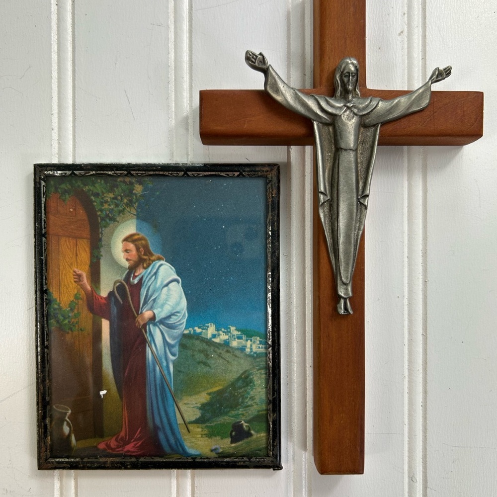 Vintage Religious Lot Wall Wood Cross Silver Mini Framed Print Jesus Knocking